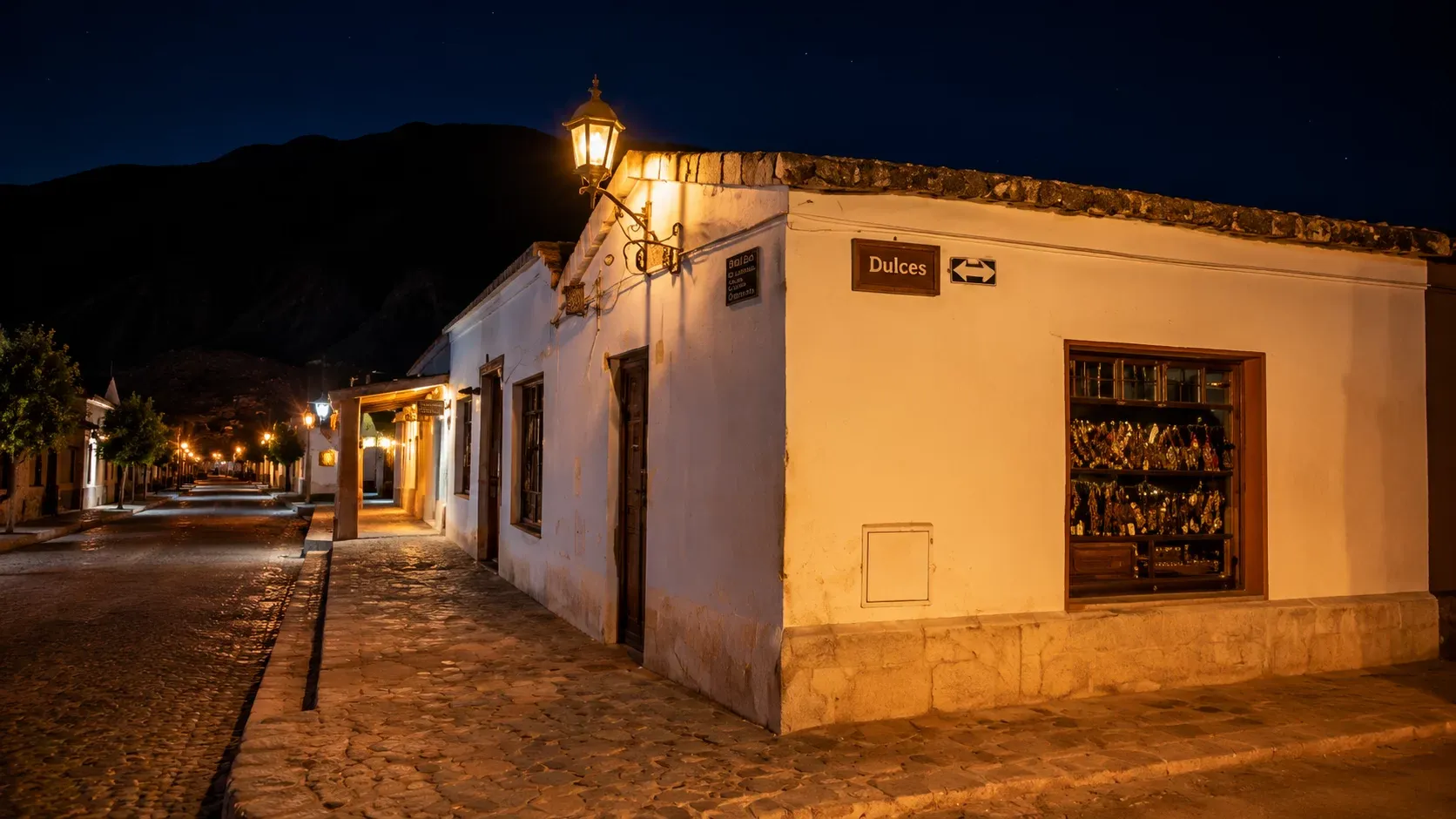 Rua tradicional iluminada à noite em Purmamarca